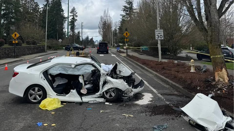 Car with destroyed front and side along a road